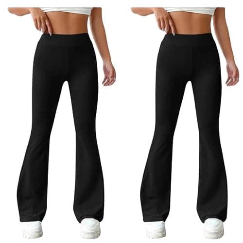 Image of 2 Pack Women’s Flared Trouser High Waist Bootcut Pants – Black Ribbed Stretch Trousers 27"/29"/31" Lengths | Twin Pack Flare Work Slack Women Gym Office Pull Up Bootleg Yoga Bottoms- Black 10W/31L