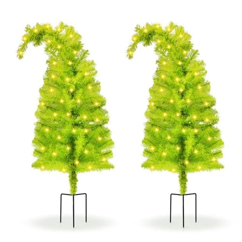 Image of 2Pcs Whimsical Christmas Trees with LED Lights, 3FT Pre-Lit Christmas Tree with Stakes & Remote Control, Artificial Small Xmas Tree for Tabletop Home Driveway Yard Garden Pathway Holiday Decorations