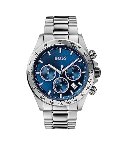 Image of BOSS Men's 43mm Chronograph Quartz Watch HERO Collection with Silver Stainless Steel Bracelet, Blue Dial, Date Function, 3 Sub-Dials, 5ATM Water Resistant - 1513755