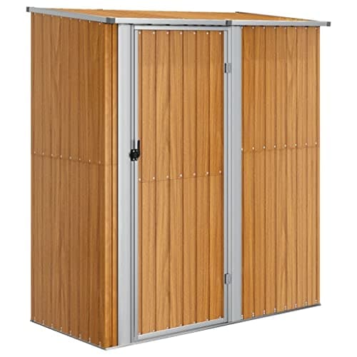 Image of vidaXL Galvanized Steel Garden Shed with Wooden Look - Brown, Outdoor Tool Storage with Sloping Roof