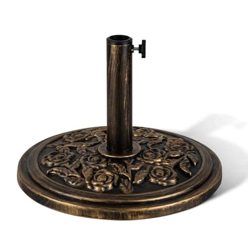 Image of KEPLIN 9kg Cast Iron Effect Parasol Base with Floral Pattern – Heavy Duty Garden Patio Furniture Stand for Umbrella, Canopy, Gazebo, Awning etc. – Diameter 45mm (9kg, Bronze)
