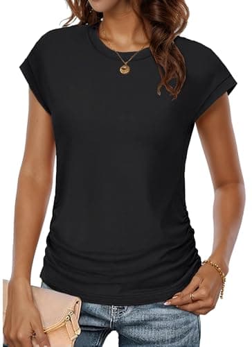 Image of VVNTY Women's Summer Tops Trendy 2025 Ruched Cap Short Sleeve Tshirts Shirts Crew Neck T Shirts Fashion (black1,S)
