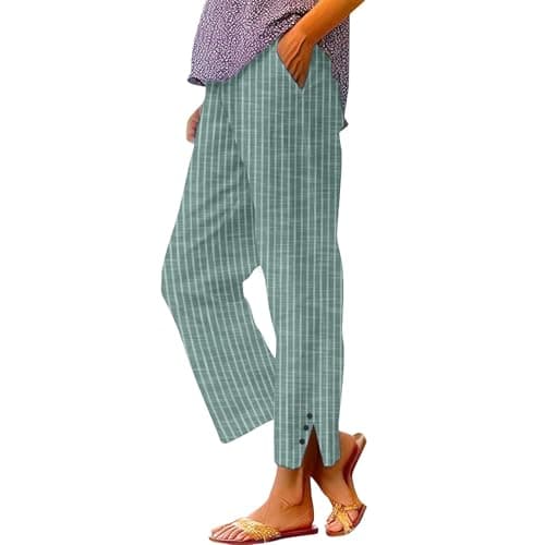 Image of Cotton Linen Loose Fit Pants For Women Casual Button Down Striped Pants For Women Drawstring Stripe Trousers Wide Leg Casual Trousers Low Rise Sweatpants With Pockets 7/8 Length Trouser