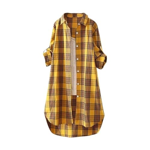 Image of Angxiwan Oversized T Shirts for Women Plaid Shirts for Women UK Plus Size Button Long Sleeve Summer Cardigan Casual Loose Fit Flowy Hem Tunic Tops Elegant Collar Beach Coverups