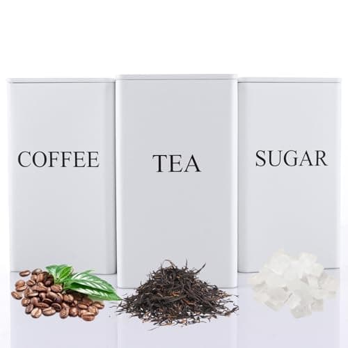 Image of ASelected Tea Coffee Sugar Canisters 3 Piece Metal Food Storage Jars Decorative Tin Easy to Open Airtight Lids for Kitchen Accessories Essentials (White)