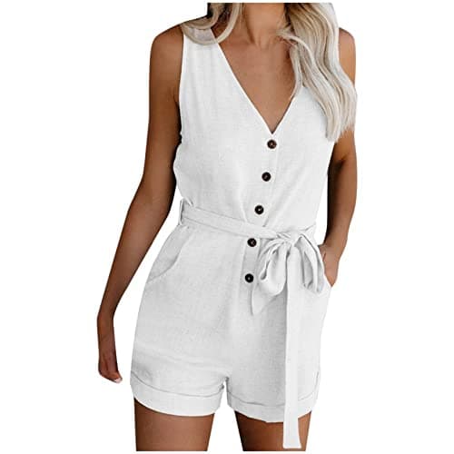 Image of Women's Dungarees Cotton Linen Playsuit Loose Casual Short Jumpsuit Baggy Sleeveless Overall V Neck Short Playsuit Buttons Down Solid Trousers All in One Office Elegant Overalls Plus Size White