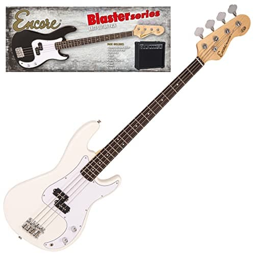 Image of Encore Blaster E40 Bass Guitar Pack – Vintage White - Includes Guitar, Bag, Strap, Tuner, Amp and Accessories | Lightweight Solid Paulownia Body |Online Lessons Included | Perfect Beginner Bass Guitar