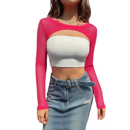 Image of DUOYIJIN Mesh Fishnet Tops for Women Long Sleeve Shrug Fishnet Novelty Crop Tops Y2K Clubwear Ladies Disco Retro Outfit 1980s Costume Neon Pink
