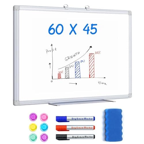 Image of Magnetic White Board 60 x 45 cm Dry Erase Board Wall Hanging Alloyed Aluminum Frame A2 Whiteboard, with 3 Marker Pens, 6 Magnets, 1 Eraser