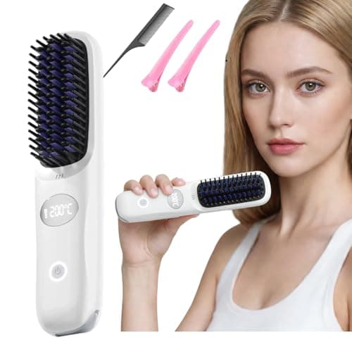 Image of Cordless Hair Straightener Brush-Rechargeable Portable Heated Styling Brush with 3 Adjustable Heat Modes,LED Display,Fast Heating,Travel-Friendly Design for Daily Use at Home,Office&On the Go (White)