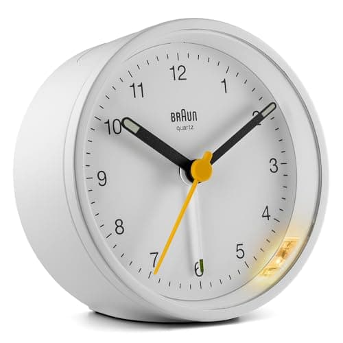 Image of Braun Classic Analogue Alarm Clock with Snooze and Light, Quiet Quartz Movement, Crescendo Beep Alarm in White, model BC12W.