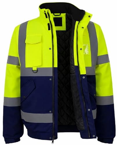 Image of SBZ Hi Vis Waterproof Bomber Jacket Safety Workwear High Viz Visibility Security Concealed Hood Fluorescent Flashing Hooded Padded Waterproof Coat (UK, Alpha, M, Regular, Regular, Yellow/Navy)
