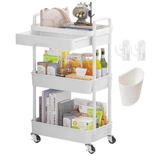 Image of Wuciray Beauty Trolley on Wheels 3 Tier Storage Trolley with Drawer Plastic Beauty Trolleys Rolling Utility Cart Craft Trolleys on Wheels for Home Kitchen Bathroom Laundry Office White