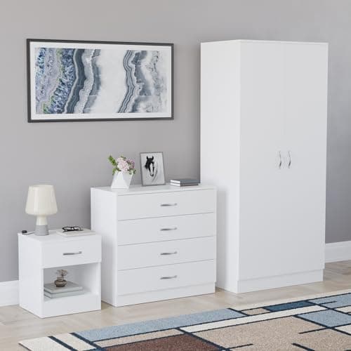 Image of Vida Designs Riano 3 Piece Bedroom Furniture Set - 1 Drawer Bedside Chest, 4 Drawer Chest, 2 Door Wardrobe - White