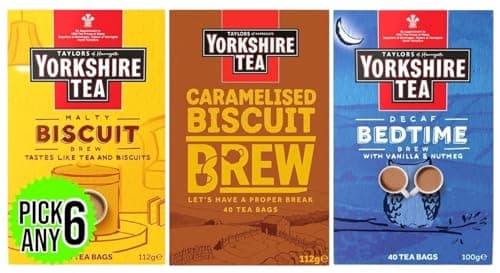 Image of Yorkshire Tea Bags (Each Pack 40 Bags). Pick Any 6 from 3 Flavours Inc. Breakfasty Toast & Jam Brew, Malty Biscuit Brew and Decaf Bedtime Brew (Total 240 Bags)