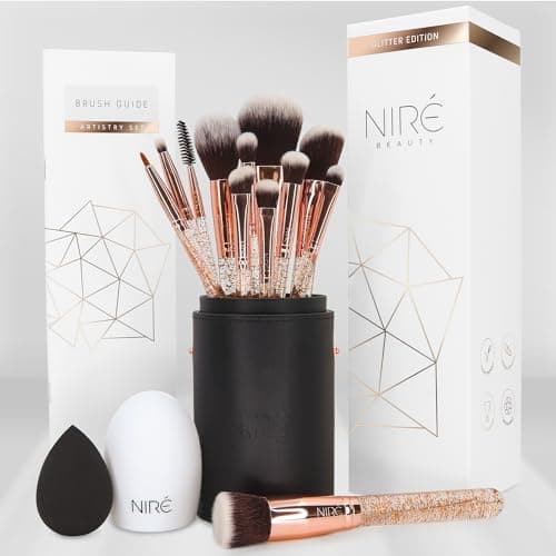 Image of Niré Beauty 15piece Award Winning Glitter Makeup Brushes: Cute Makeup Brushes Set with Case, Blending Sponge, Cleaner, Guide, Gift Box