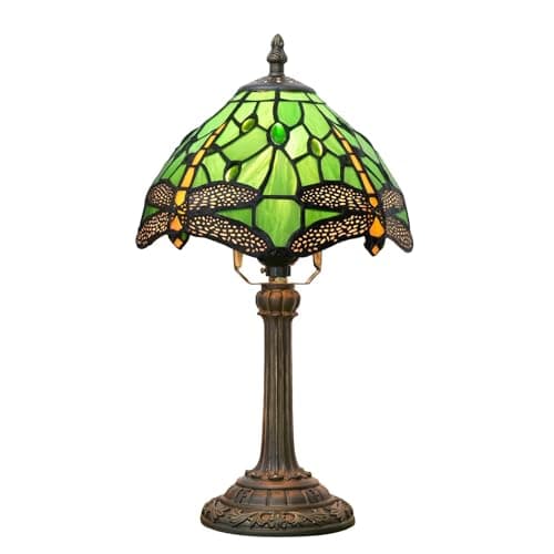 Image of wecrejoni Tiffany Lamp - Green Dragonfly Stained Glass Table Lamp 8x8x14 Inches - Green Dragonfly Style Desk Reading Light - Bedroom & Living Room Decor