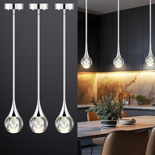 Image of EANLOLY 3-Light Crystal Pendant Light - Elegant LED Chandeliers Ceiling Fixture for Kitchen Islands, Dining Rooms, Bedroom, and Bar - Adjustable Height Raindrop Light, Silver Finish