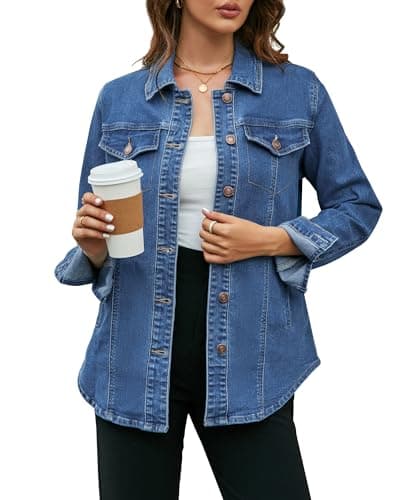 Image of Vetinee Denim Jacket Spring Jacket Women Classic Blue Size Large Fits UK Size 16 to UK Size 18