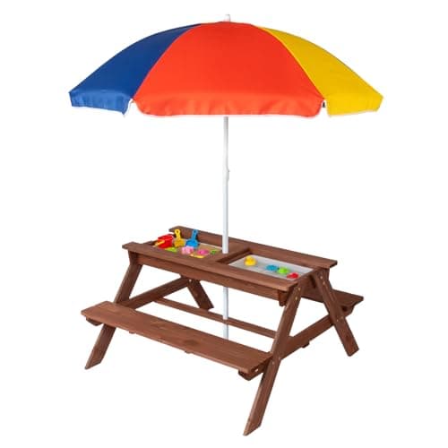 Image of Bonnlo Kids Picnic Table with Umbrella, 4-in-1 Wooden Sand and Water Play Table & Bench Set, Outdoor Sensory Table for Toddlers with Storage Bins, Children Garden Furniture (Dark Brown)