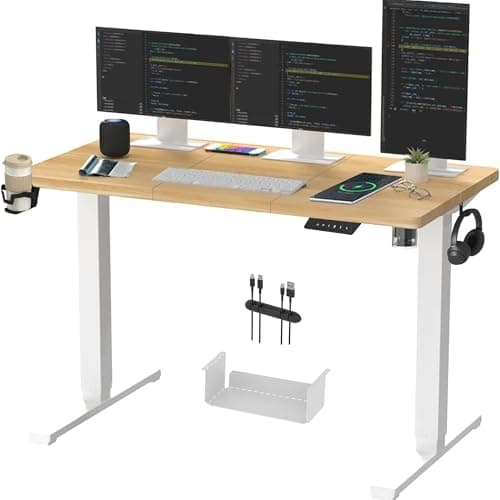 Image of SANODESK QS1+140 * 60 Electric Standing Desk Height Adjustable Standing Desk With Memory Smart Panel Sit Stand Table With Hooks and Cupholder for Home Office (White Frame+ Maple Desktop)