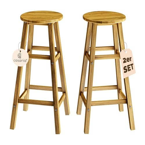 Image of CASARIA® Set of 2 Wooden Bar Stools | 75cm Tall Seat Height | Indoor Outdoor Kitchen Garden Breakfast Counter Barstools w/Footrest | Solid Rustic Acacia Wood | 150kg Capacity | Brown