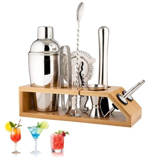 Image of 11 Pieces Cocktail Shakers Set, 750ml Stainless Steel Bartender Kit Barware Set with Wooden Stand, Bar Tool for Bartender Home Bar Gift Mens Christmas Birthday Anniversary Weeding Gift