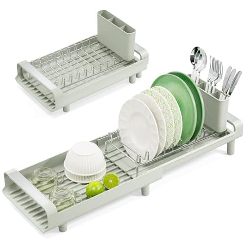 Image of Dish Drainer Rack, Small Dish Drainer, Expandable Dish Rack With Removable Cutlery Holder, Anti Rust Small Drying Rack for Sink, Compact Draining Board Rack For Kitchen Counter, Off-white