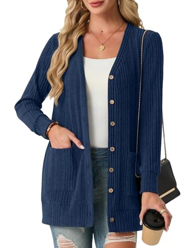 Image of GRECERELLE Womens Long Cardigans Open Front Ladies Lightweight Ribbed Cardigan Casual V Neck Jackets with Pockets for Women UK,Spring, Summer, Autumn (Navy Blue, XXL)