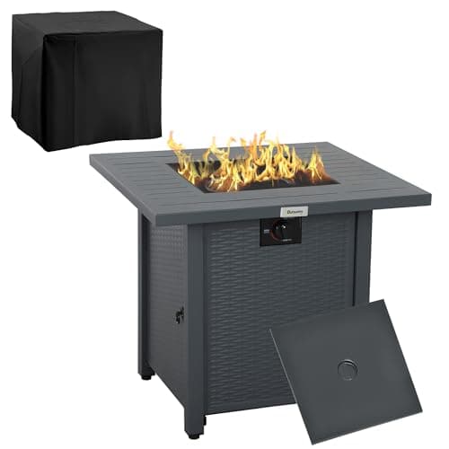 Image of Outsunny Rattan-style Propane Gas Fire Pit Table with 40,000 BTU Burner, Square Smokeless Firepit Patio Heater with Thermocouple, Lava Rocks, Waterproof Cover, Spark Guard and Lid, Grey