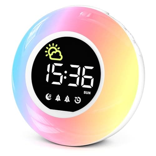 Image of HERMIC Alarm Clock, Digital Alarm Clock Bedside with Night Light, 12 White Noise, Adjustable Volume & Brightness, 10 RGB Night Light, Timer, Snooze, Clock for Kids Adults Mains Powered (Incl. Adapter)