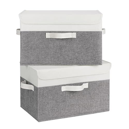 Image of GRANNY SAYS Storage Boxes with Lids, Pack of 2 Decorative Storage Boxes with Lids for Shelves, Lidded Fabric Baskets for Organising Clothes, Pretty Wardrobe Organiser, White&Grey, 40 x 26 x 25.5 cm
