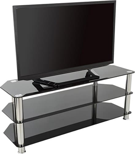 Image of AVF Corner Glass TV Stand - 125cm Wide, Silver Chrome Metal Legs, Gloss Black Safety Shelves, Open Storage for Up to 60" TVs - SDC1250