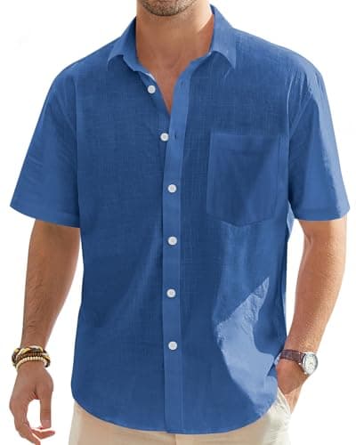 Image of J.VER Mens Linen Shirts Short Sleeve Summer Button Down Casaul Lightweight Cotton Holiday Beach Shirt with Pocket Royal Blue 5XL