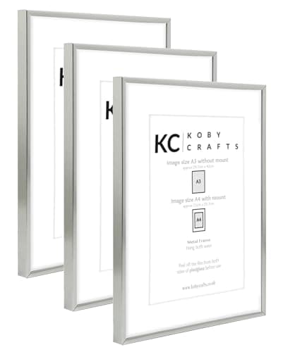 Image of Koby Crafts Pack of 3 Silver Picture Frames for A4 or A3 Images | 3 Pack Aluminium Metal A3 Wooden Photo Frames | Hang Portrait/Landscape | A4 Image Mount
