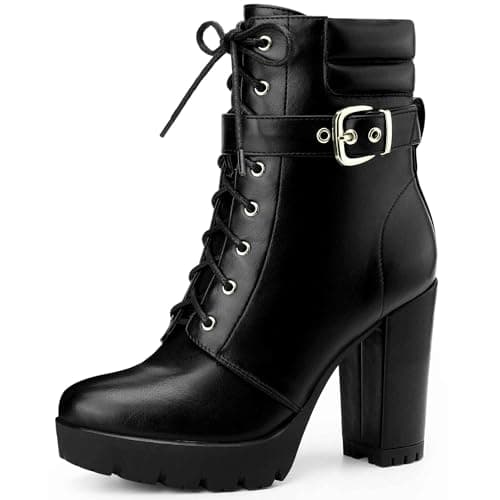 Image of Perphy Lace Up Platform Buckle Chunky Heel Ankle Boots for Women Black 5 UK/Label Size 7 US