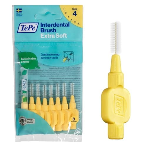 Image of TePe Interdental Brush, Extra Soft, Yellow, 0.7mm/ISO 4, 8pcs, efficient Cleaning Between Teeth, Plaque Remover, Dental flosser for Small Gaps
