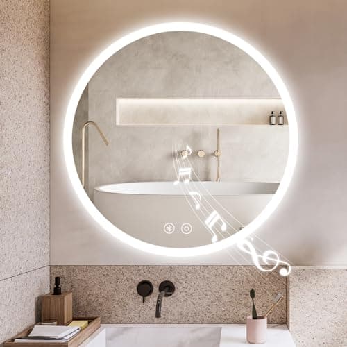 Image of YOLEO LED Bathroom Mirror with Led Lights Wall Mounted Light Up Demister Round Vanity Makeup Mirrors Illuminated Anti Fog Circle Toilet Shower Mirror (Bluetooth 60L x 60W cm)