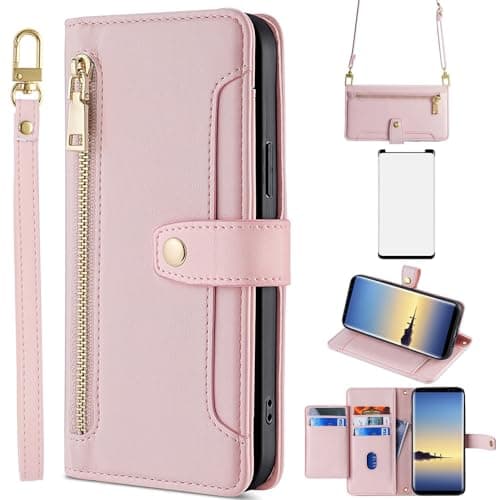 Image of Asuwish Phone Case for Samsung Galaxy Note 8 Wallet Cover and Screen Protector Zipper Card Holder Slot Stand Leather Cell Accessories Protective Magnetic Flip Folio Note8 Not S8 Gaxaly Women Rose Gold