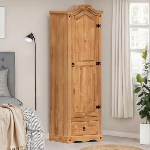 Image of Corona 1 Door 1 Drawer Arch Top Wardrobe Solid Wood Pine Wooden Storage Slim Narrow Bedroom Hallway Shelf Hanging Rail Mexican Style Furniture 176cm High 55cm Wide 45cm Deep