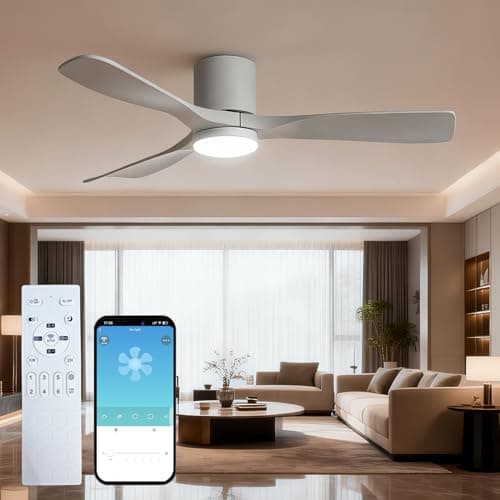Image of 42" Smart Ceiling Fan with Lights, 3-Blade Low Profile Flush Mount Ceiling Fan, Remote App Control, 6 Speeds Reversible DC Motor, 3 Colour Dimmable Modern Ultra-Quiet Fan Light for Living Room, White