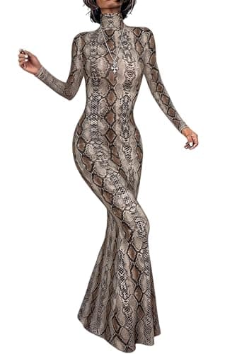 Image of Long Sleeve Maxi Dress for Women - Casual Turtleneck Bodycon Formal Dresses Elegant Mermaid Hem 2025, Brown Snakeskin, S