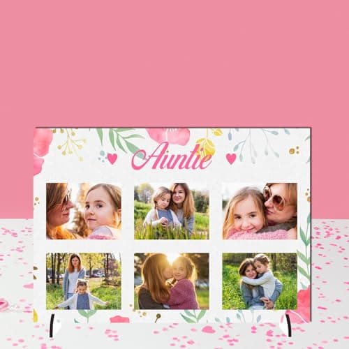 Image of Pixie's Gifts Personalised Gift For Auntie Photo Plaque on Stand - Custom Gift for Auntie - Available in 4 Designs, 3mm MDF and Acrylic (Pink Floral, Mdf Wood A5 21cm x 15cm)