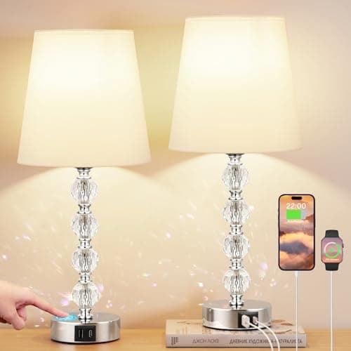 Image of Aooshine Touch Bedside Lamps Set of 2, 47cm‘H Crystal 3 Way Dimmable Bedside Lamps, Table Lamp with White Fabric Shade for Living Room (LED Bulb Included)