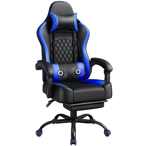 Image of Yaheetech Gaming Chair, Ergonomic Racing Gaming Chair with Massage Lumbar Pillow, High-Back Office Chair with Slide-Out Footrest and Padded Linkage Armrests for Adults (Black/Blue)