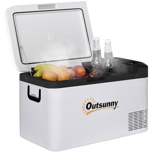 Image of Outsunny 12V Car Refrigerator w/LED Light & Foldable Handles, 25L Portable Compressor Cooler, Fridge Freezer with 12/24V DC and 110-240V AC for Campervan RV Boat Travel