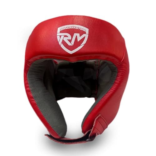 Image of RingMaster Open Face Boxing HeadGuard Head Gear Leather Kick MMA Punch (Red, Small - Medium)