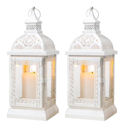 Image of TRIROCKS Set of 2 Rustic Style Metal Candle Lantern 32cm High Decorative Outdoor Lantern Candle Holder with Tempered Glass for Home Living Room Garden Patio Parties Indoors Outdoors (Cream)