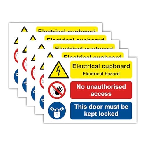 Image of Pack of 5 Electrical Cupboard Safety Sign Labels (148 × 210 mm), No Unauthorised Access – This Door Must Be Kept Locked, Self Adhesive Polypropylene Stickers