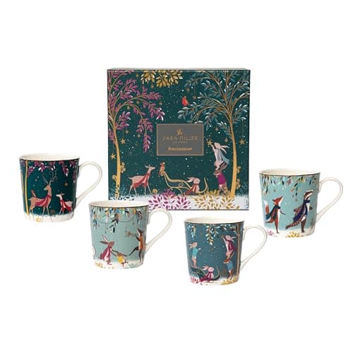 Image of Sara Miller London Woodland Tales Set of 4 Mugs, Assorted, White with Golden Details